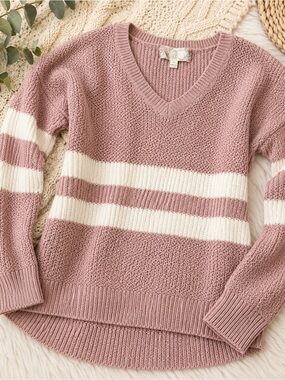 Cottagecore Dusty Rose & Cream Striped Knit Sweater Size L
